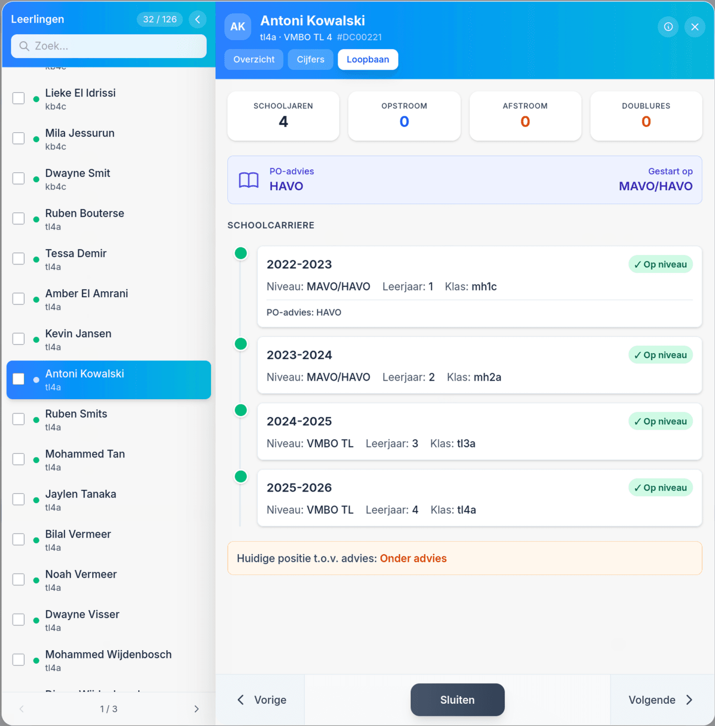 Loopbaanoverzicht: volledige schoolcarrière per leerling met PO-advies en niveauverloop